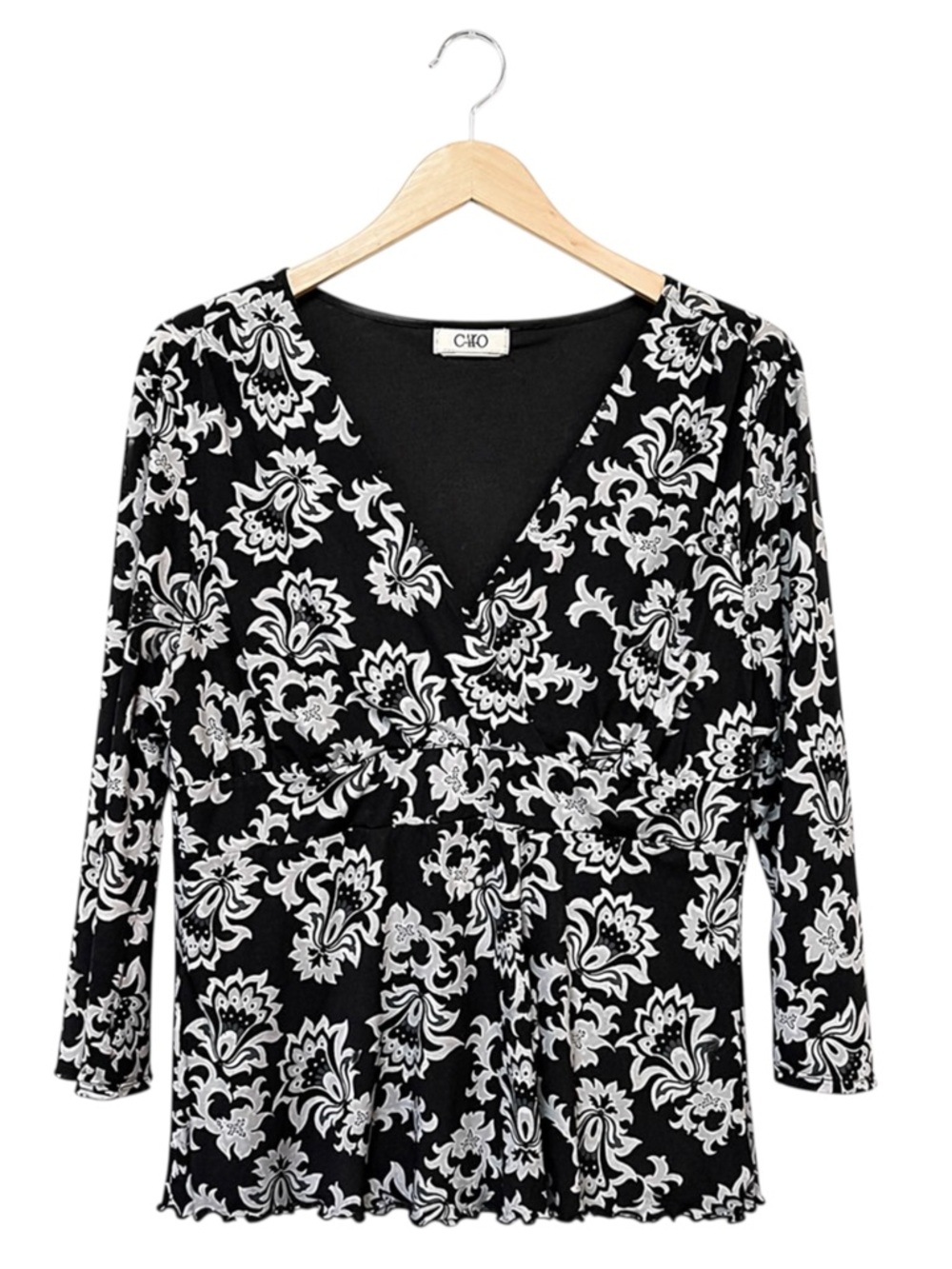 Vintage Womens Y2K Floral Babydoll‎ Top Large Black White Wrap 90s Fairy Grunge